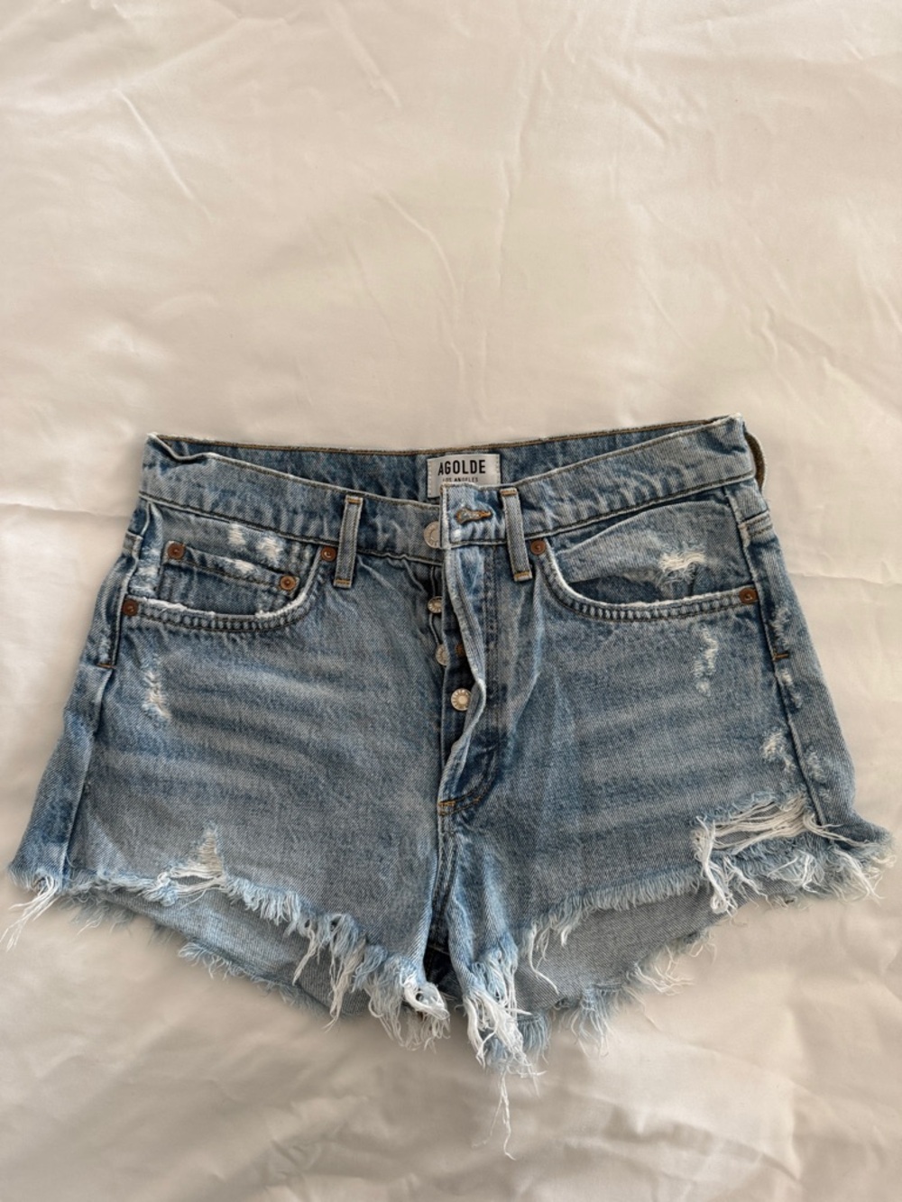 Agolde Parker Distressed Light Blue High-Rise Denim Shorts